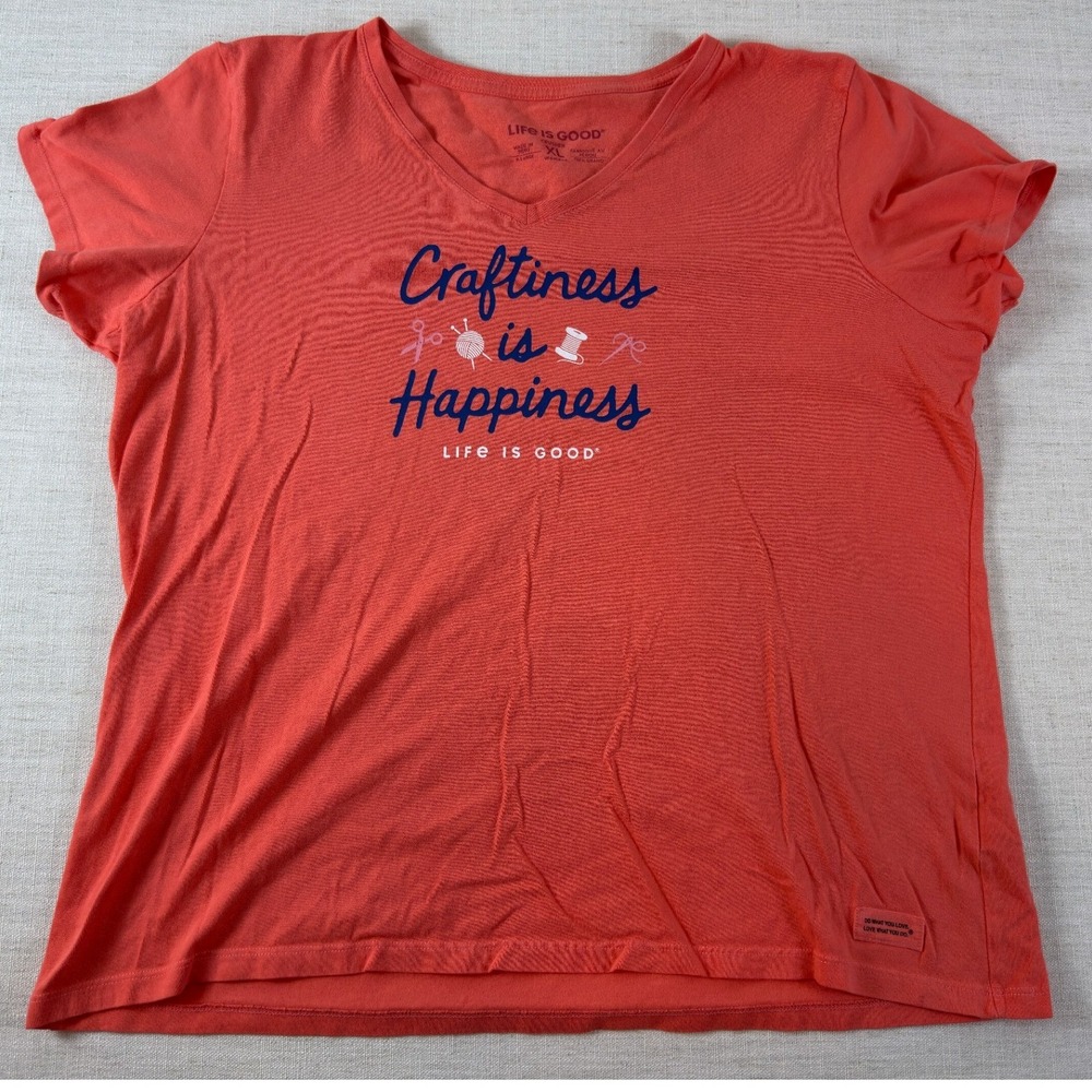 Life is Good Womens XL Craftiness is Happiness Crusher V-Neck T-Shirt Coral